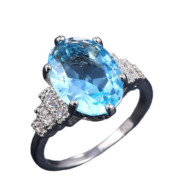 Source Unknown Jewelry - Vintage Art Deco Retro Style Silver Simulated 4CT Sapphire Ring Size 7